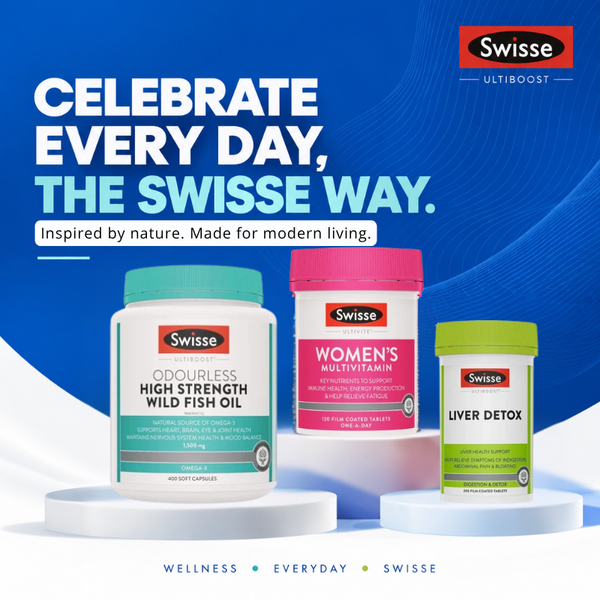 Swisse Australia wellness collection featuring Odourless High Strength Wild Fish Oil 1500mg 400 Capsules, Women's Ultivite Multivitamin 120 Tablets and Ultiboost Liver Detox 200 Tablets.