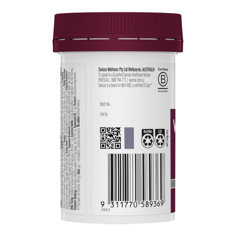 Back view of a white plastic supplement bottle with a dark burgundy cap, showing product details, a barcode, and certification logos on a white background.
