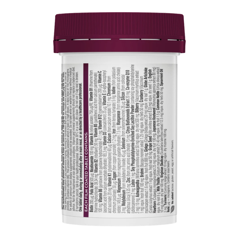 A white plastic supplement bottle with a dark purple ribbed screw cap, showing the back label with text details on a plain white background.