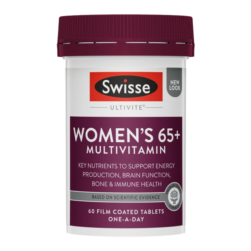 A white plastic bottle of Swisse Ultivite Women's 65+ Multivitamin with a dark burgundy cap and matching label accents, shown on a plain white background.