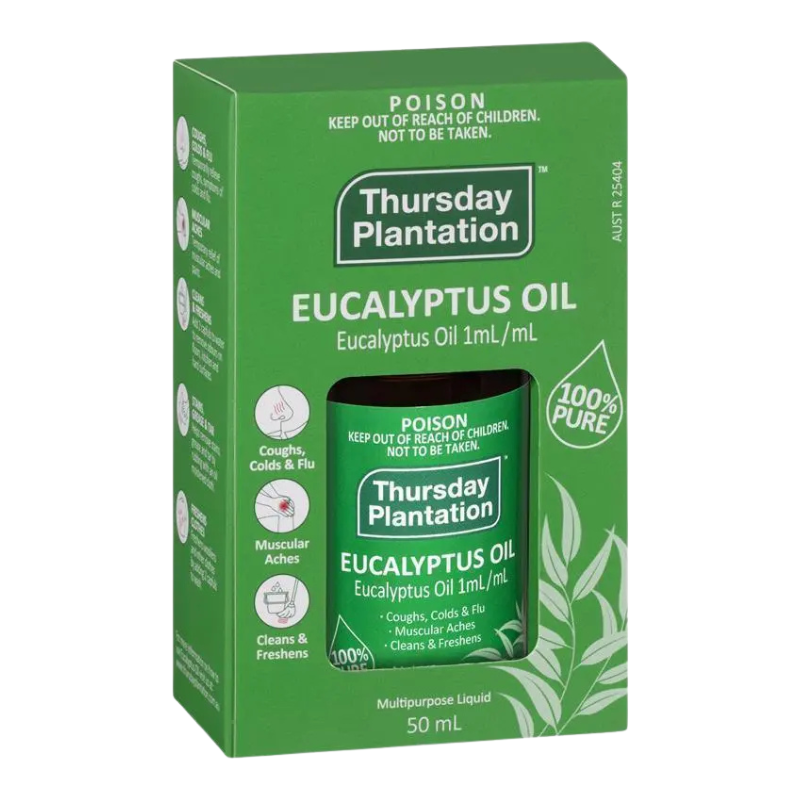 Thursday Plantation Eucalyptus Oil 50 mL box packaging, featuring a green box with a window displaying the 1 mL eucalyptus oil bottle inside.