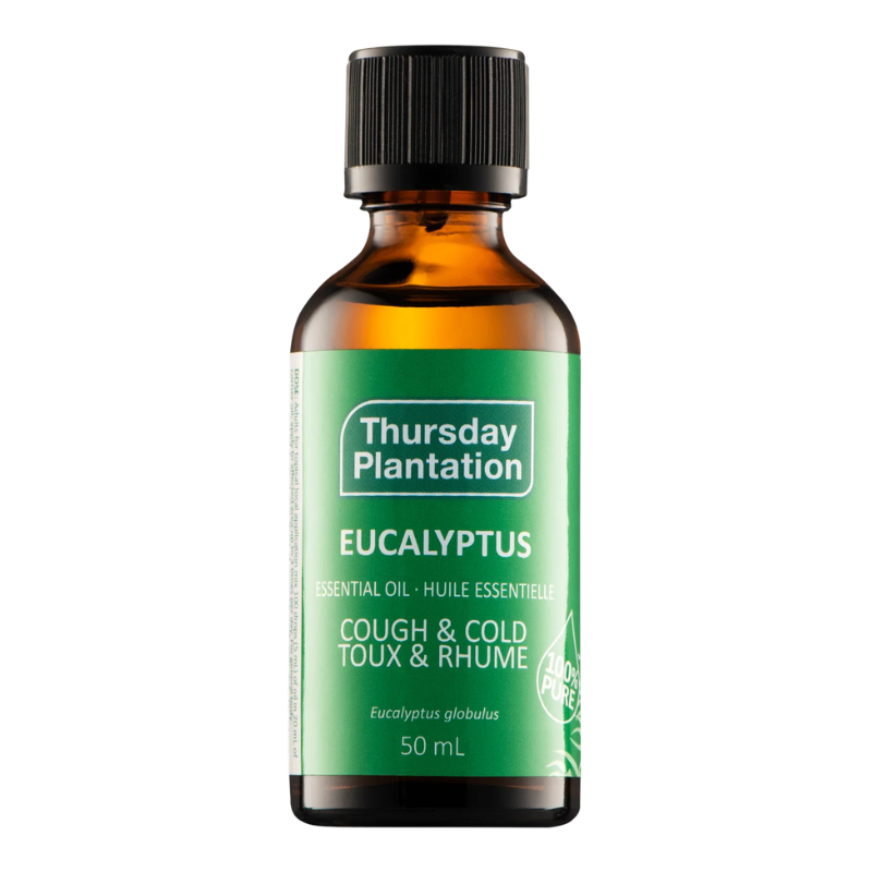 A 50 mL bottle of Thursday Plantation Eucalyptus essential oil with a green label and black cap, shown on a plain white background.