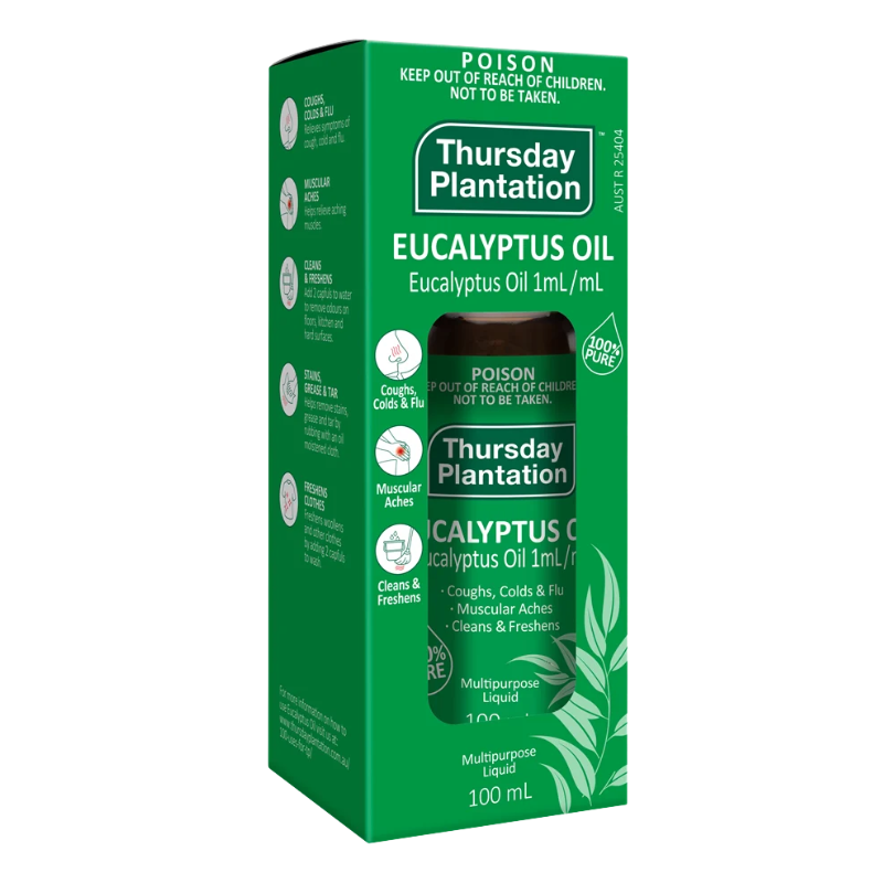 Thursday Plantation Eucalyptus Oil 100 mL multipurpose liquid in a green cardboard retail box with product details and illustrations.
