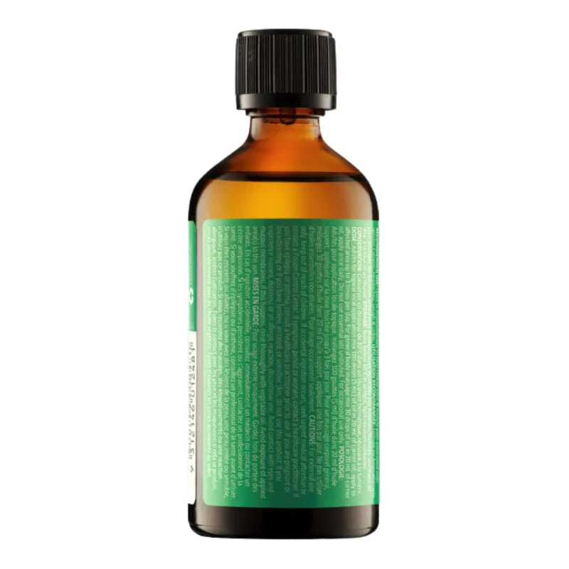 An amber glass bottle with a black ribbed cap and a green label, shown against a plain white background.