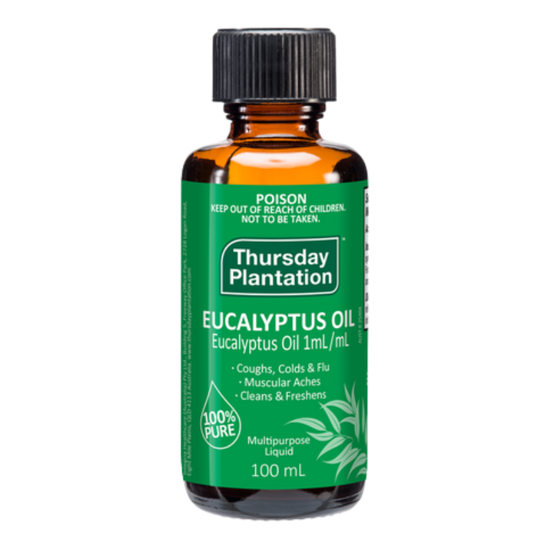 A 100 mL bottle of Thursday Plantation Eucalyptus Oil on a plain white background. The product features an amber glass bottle, a black ribbed cap, and a green label with white text and eucalyptus leaf illustrations.