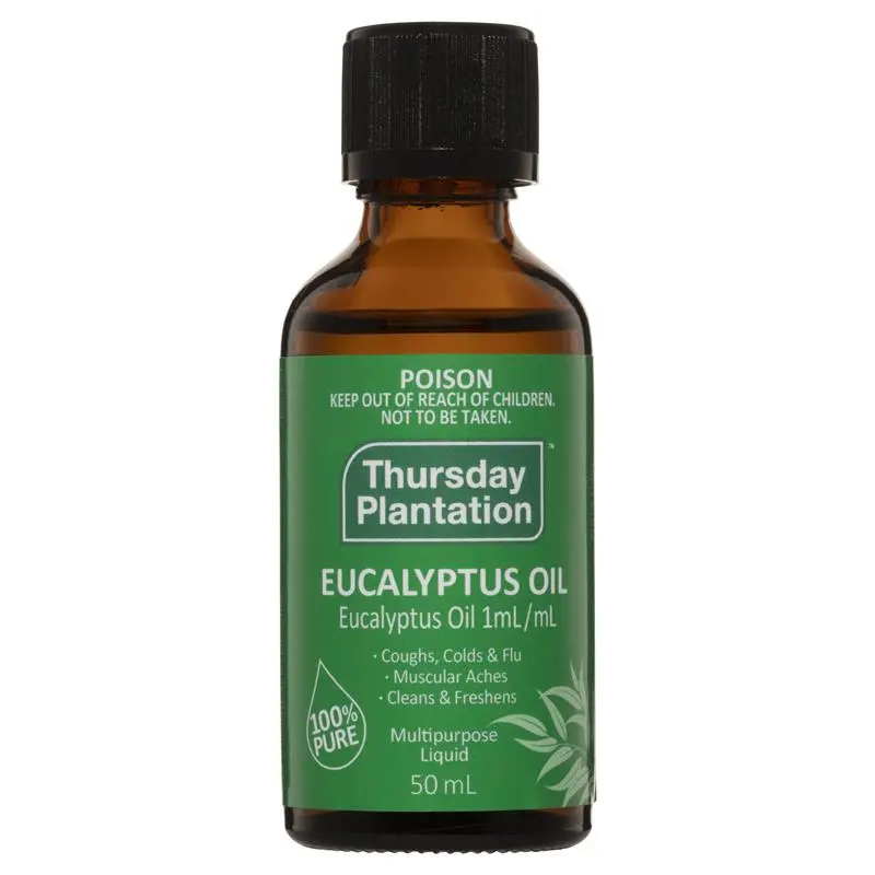 A 50 mL bottle of Thursday Plantation Eucalyptus Oil with a green label and black cap, shown on a plain white background.