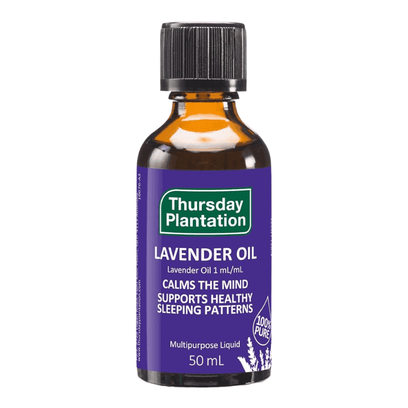 A 50 mL bottle of Thursday Plantation Lavender Oil on a plain white background. The bottle is made of amber glass, has a black ribbed cap, and features a purple label with green and white text.