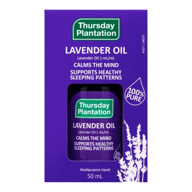 Thursday Plantation Lavender Oil 50 mL bottle in its purple retail packaging, featuring the brand logo and product benefits.