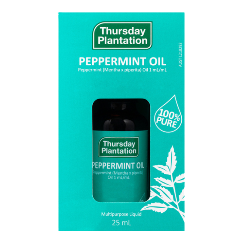 Thursday Plantation Peppermint Oil 25 mL bottle in its original turquoise packaging box, featuring a clear window showing the dark bottle and white text and botanical graphics.