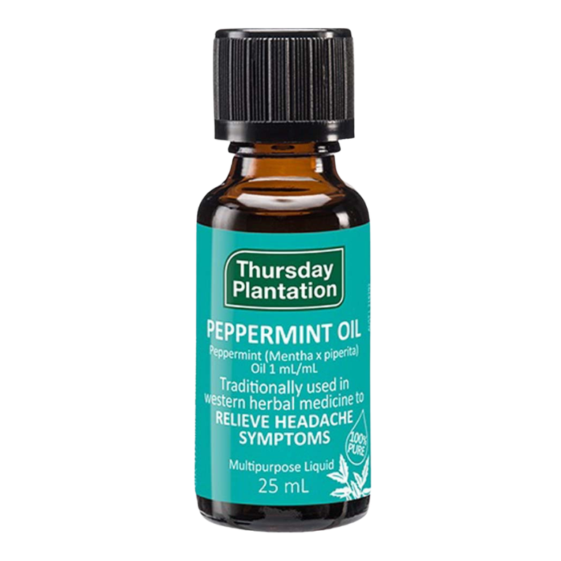 A 25 mL bottle of Thursday Plantation Peppermint Oil on a plain white background. The product features an amber glass bottle, a black ribbed cap, and a teal label with white text.