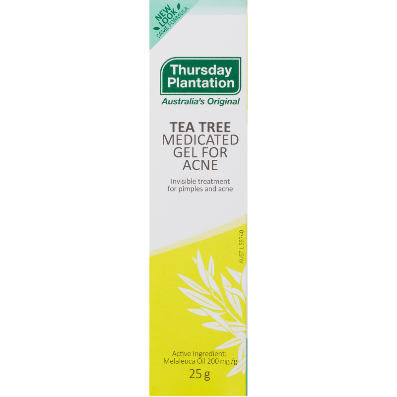A tall, narrow white and yellow box for Thursday Plantation Tea Tree Medicated Gel for Acne, with green branding and a tea tree illustration, shown on a plain white background.
