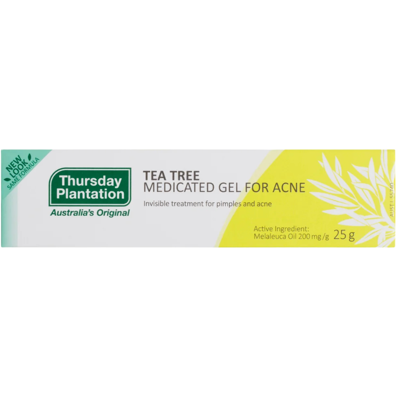 A 25g box of Thursday Plantation Tea Tree Medicated Gel for Acne, featuring a white and yellow design with green brand text.