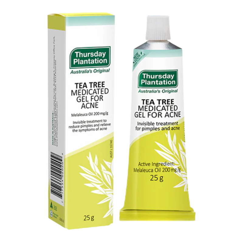 Thursday Plantation Tea Tree Medicated Gel for Acne shown as a 25g squeeze tube next to its retail box packaging on a plain white background.