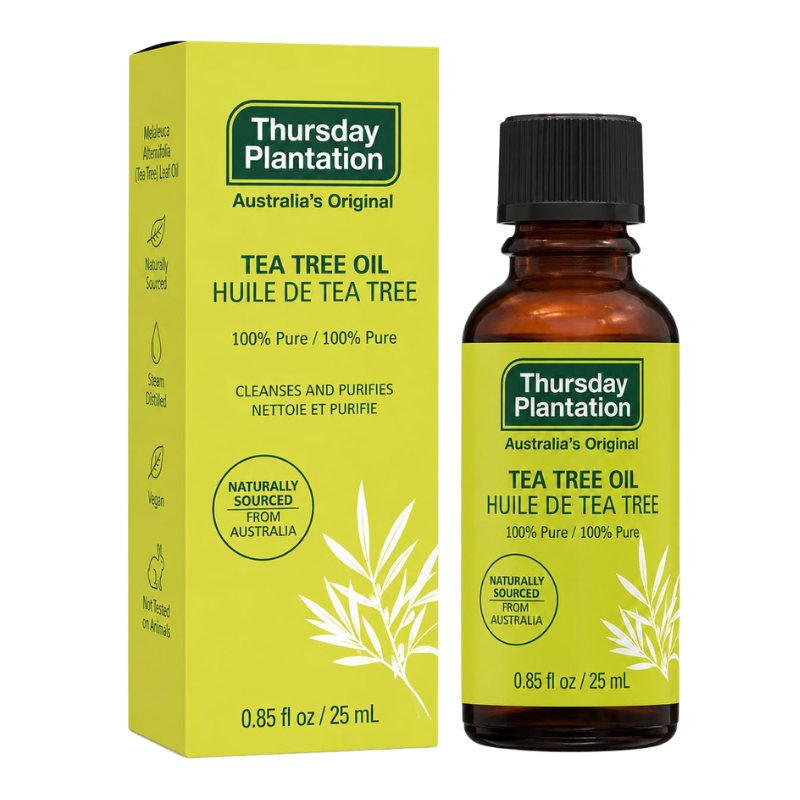Thursday Plantation Tea Tree Oil 25 mL bottle with its matching yellow-green packaging box, shown on a plain white background.