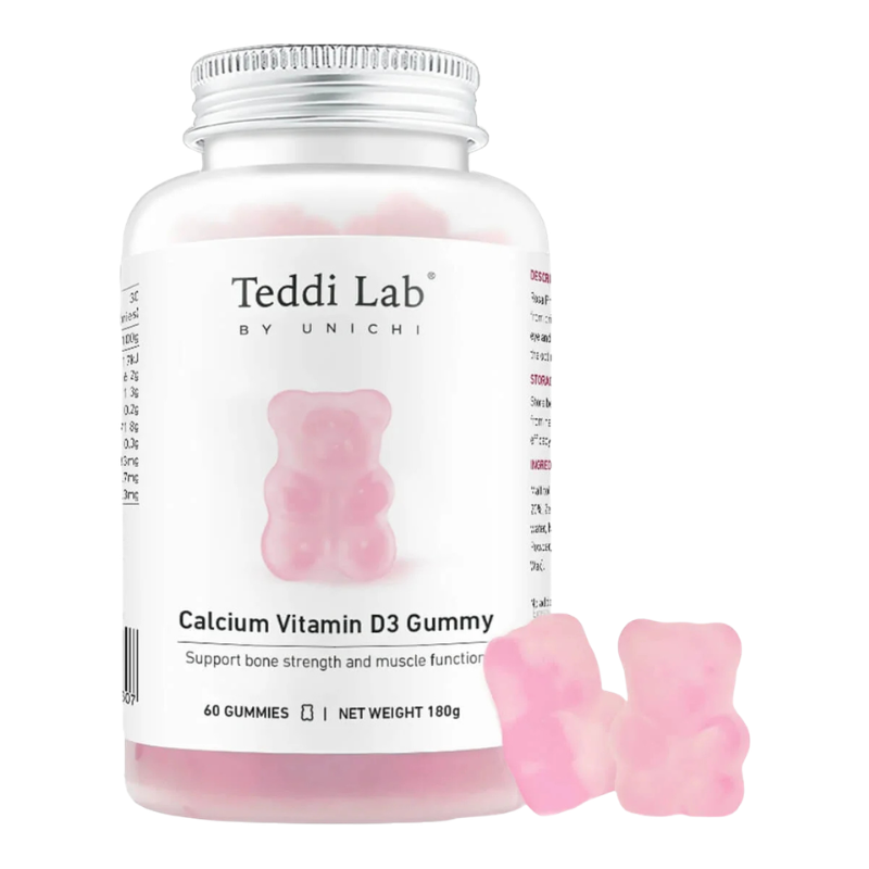 A bottle of Teddi Lab by Unichi Calcium Vitamin D3 Gummy, featuring a white label with a pink gummy bear graphic and three loose pink gummies displayed in front on a white background.