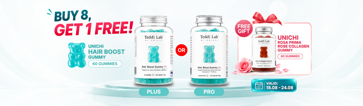Unichi Hair Boost Gummy Plus and Pro Buy 8 Get 1 Free Promotion with Rosa Prima Rose Collagen Gummy