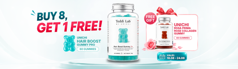 Unichi Hair Boost Gummy Plus and Pro Buy 8 Get 1 Free Promotion with Rosa Prima Rose Collagen Gummy