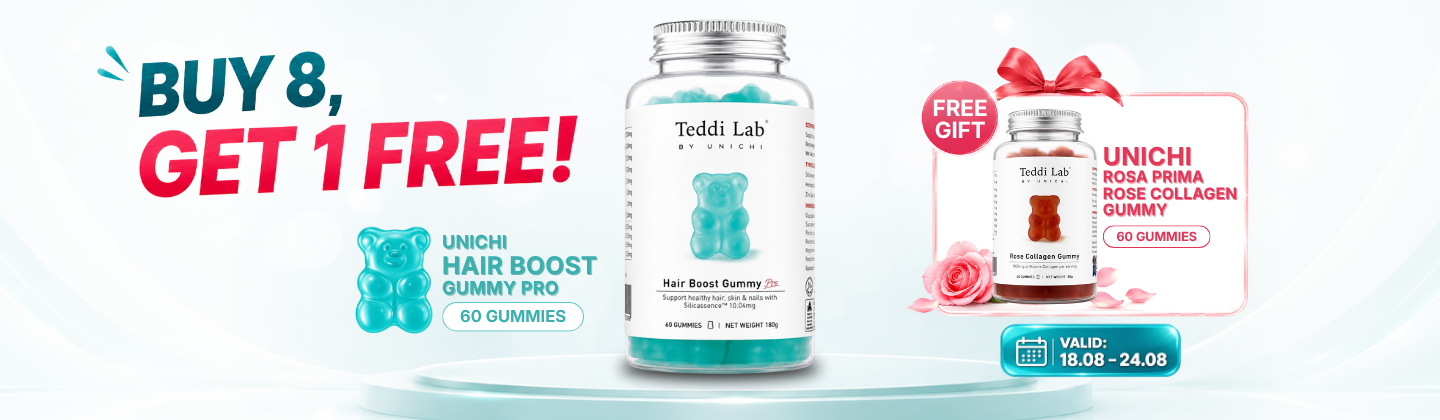 Promotional banner for Toddi Lab gummies featuring a main bottle of Hair Boost Gummy Pro and a side product of Unichi Rosá Hair Collagen Gummies, with a 'BUY 8, GET 1 FREE!' offer and a 'FREE GIFT' tag.