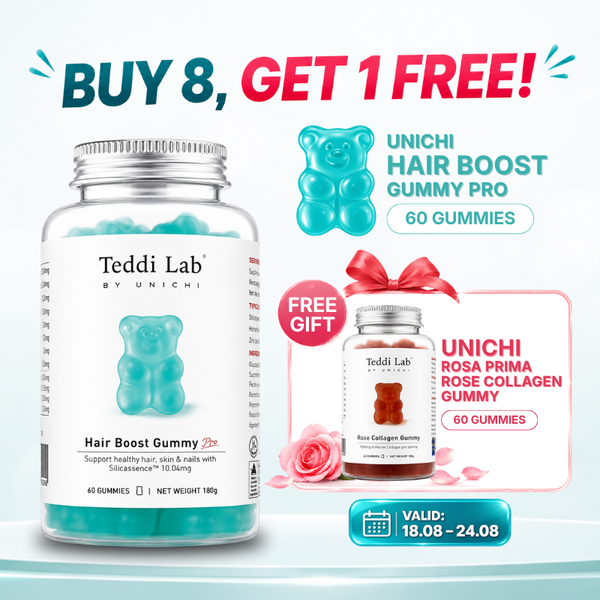 Promotional graphic for Teddi Lab by Unichi hair gummies showing a large bottle of Hair Boost Gummy 28x and a smaller bottle of Rose Collagen Gummy, with a free gift offer and a 'BUY 8, GET 1 FREE!' banner.