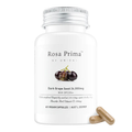 A white bottle of Rosa Prima by Unichi Dark Grape Seed 26,000mg dietary supplement capsules, shown with two beige capsules lying next to it on a clean white background.