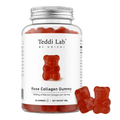 A bottle of Teddi Lab By Unichi Rose Collagen Gummy, featuring a clear plastic bottle with a silver cap and a white label, alongside three red gummy bears on a white background.