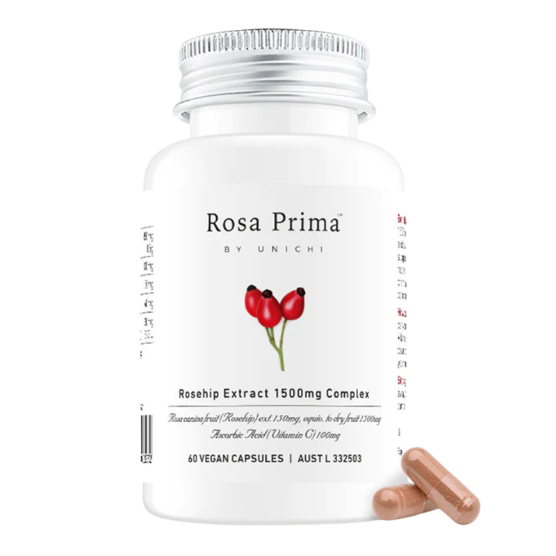 A white bottle of Rosa Prima by Unichi Rosehip Extract 1500mg Complex dietary supplement, shown with two brown capsules on a clean white background.