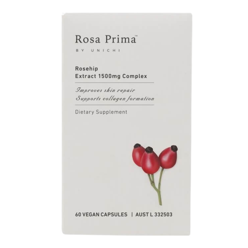 A white rectangular box of Rosa Prima by Unichi Rosehip Extract 1500mg Complex dietary supplement, featuring a botanical illustration of red rosehip berries on a clean white background.
