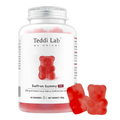 A bottle of Teddi Lab by Unichi Saffron Gummy PRO gummies with three red gummy bears displayed in front on a white background.