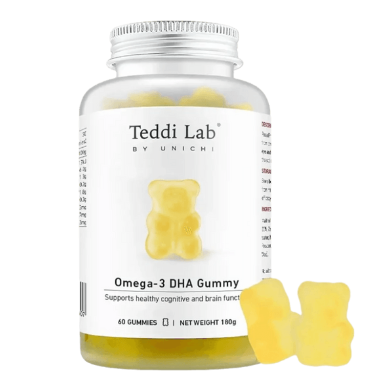 A bottle of Teddi Lab by Unichi Omega-3 DHA Gummy supplements with a white label and silver cap, shown alongside three yellow gummy bears on a white background.