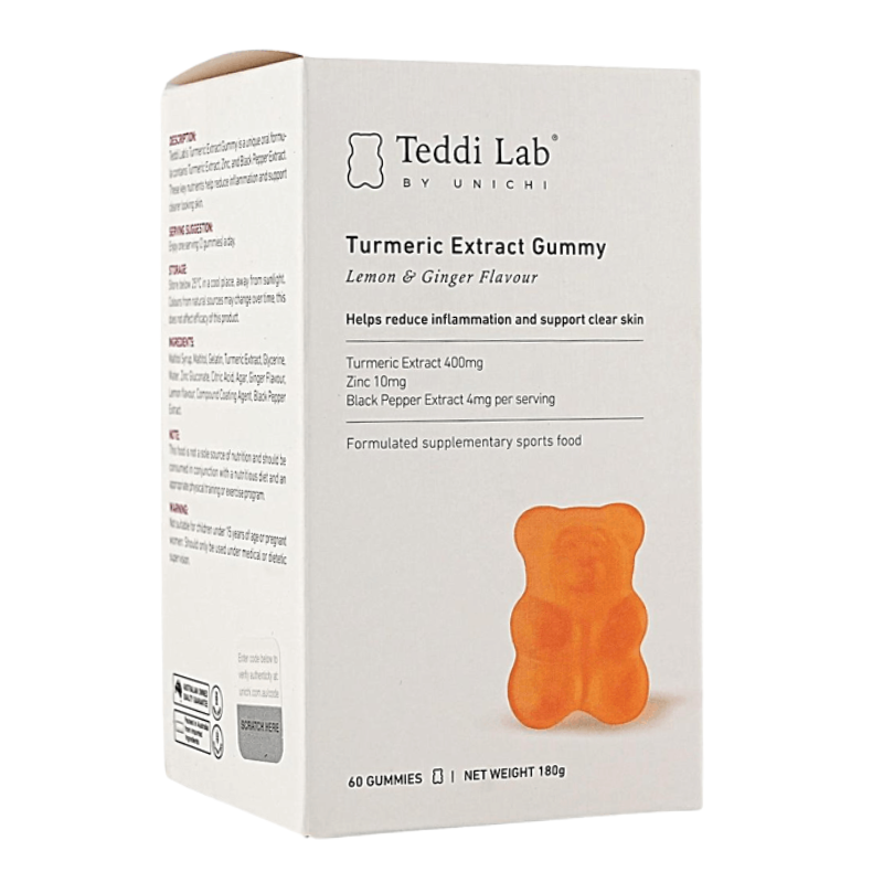 A white rectangular box of Teddi Lab By Unichi Turmeric Extract Gummy, Lemon & Ginger Flavour, featuring an illustration of an orange gummy bear on the front, set against a plain white background.