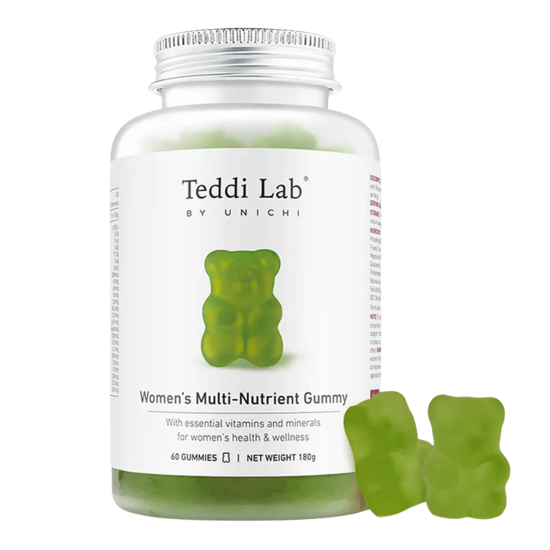 A bottle of Teddi Lab by Unichi Women's Multi-Nutrient Gummy vitamins with three green gummy bears placed in front of the bottle on a white background.