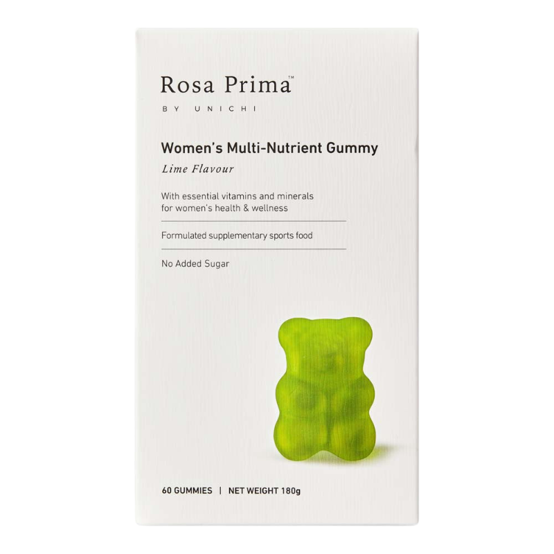 A white rectangular box of Rosa Prima by Unichi Women's Multi-Nutrient Gummy in Lime Flavour, featuring a green gummy bear illustration on the front.