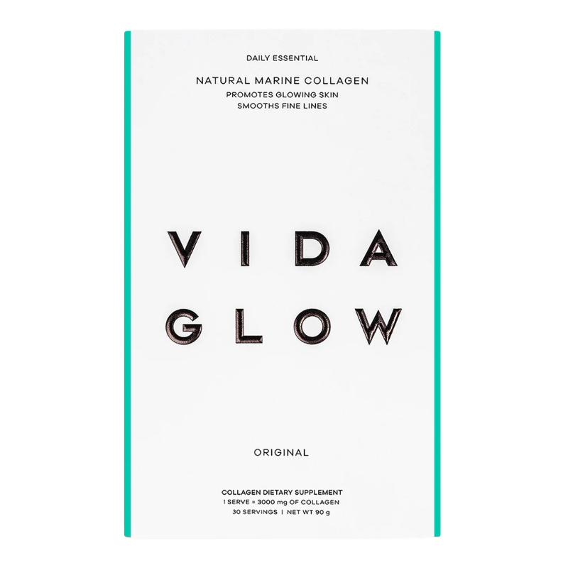 Front of the VIDA GLOW Original Collagen dietary supplement box, featuring a white background with black text and two vertical teal side borders.
