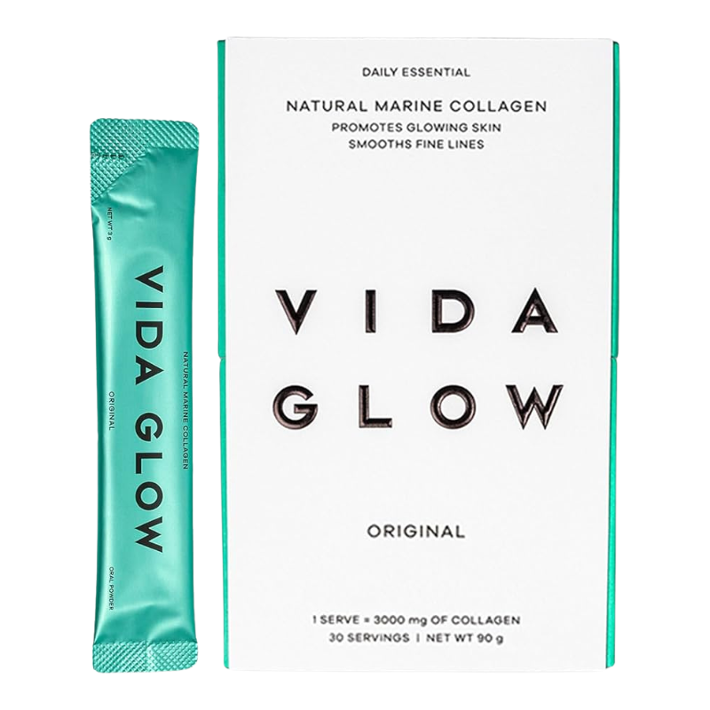 Vida Glow Original natural marine collagen product packaging, featuring a white box with teal side borders and a matching single-serve sachet standing beside it on a white background.