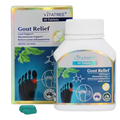 Vitatree Gout Relief 60 tablets shown with its retail box and two teal tablets on a plain white background.