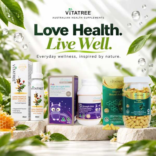 Vitatree Australian health supplement collection featuring Super Propolis Spray Complex with Honey 30ml, Kids High Strength DHA Algae Oil plus Lutein 60 Capsules, and Super Royal Jelly 100 Capsules.