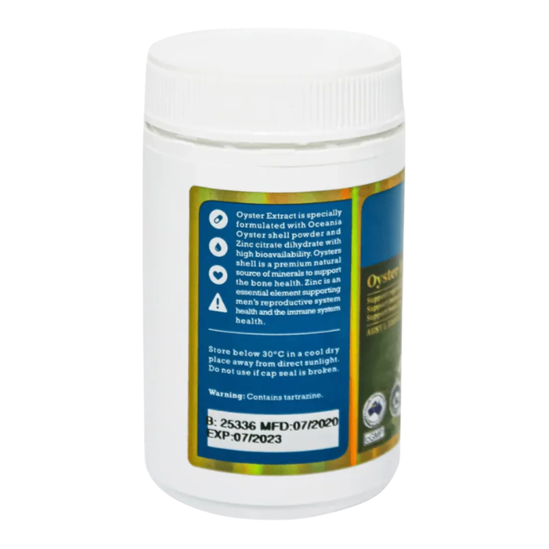 Back side of Vitatree Oyster Extract bottle showing benefits and storage instructions