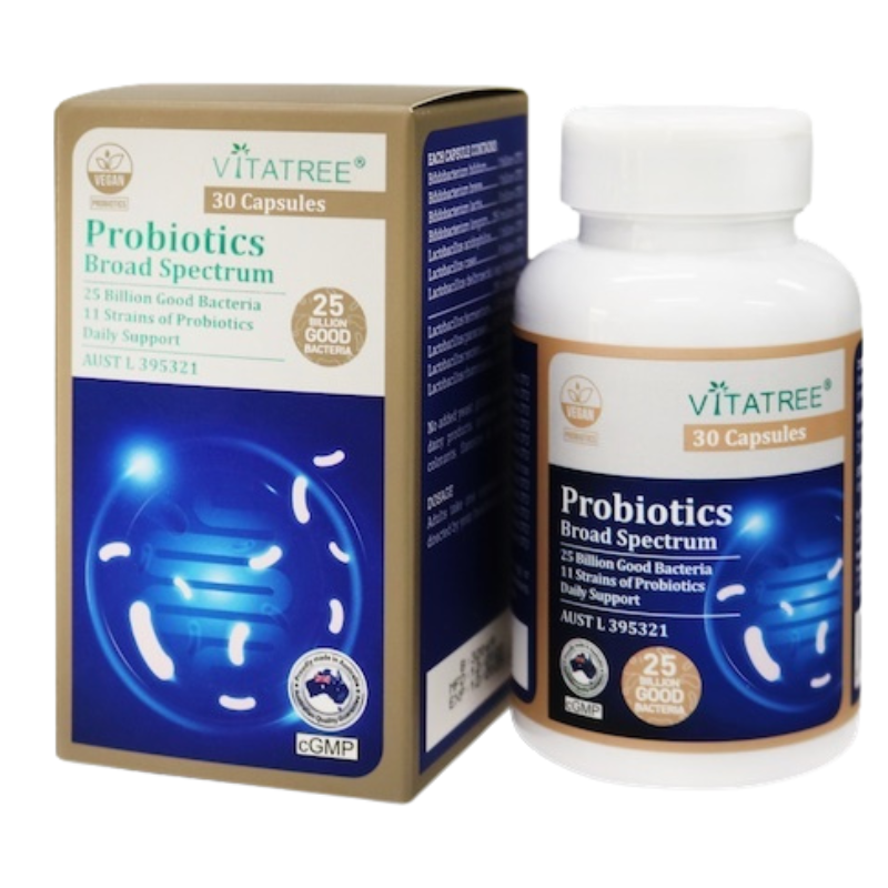 Vitatreed Probiotics Broad Spectrum supplement shown with its retail box and a white plastic bottle of 30 capsules on a plain white background.