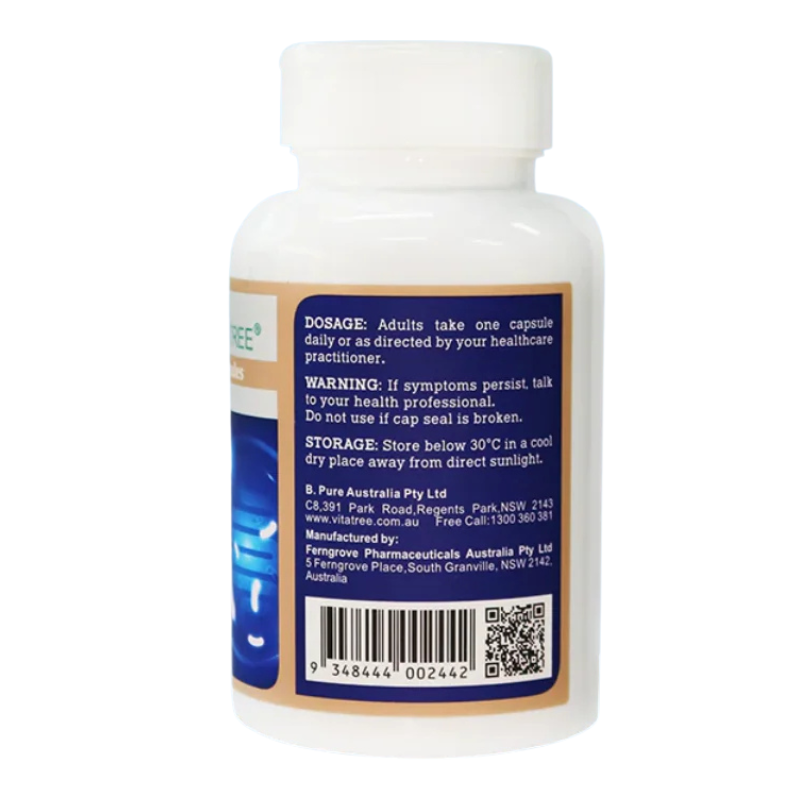 A white plastic bottle of B. Pure Australia Pty Ltd dietary supplement, shown from the back with a detailed blue, white, and tan label containing dosage, warning, and storage instructions.