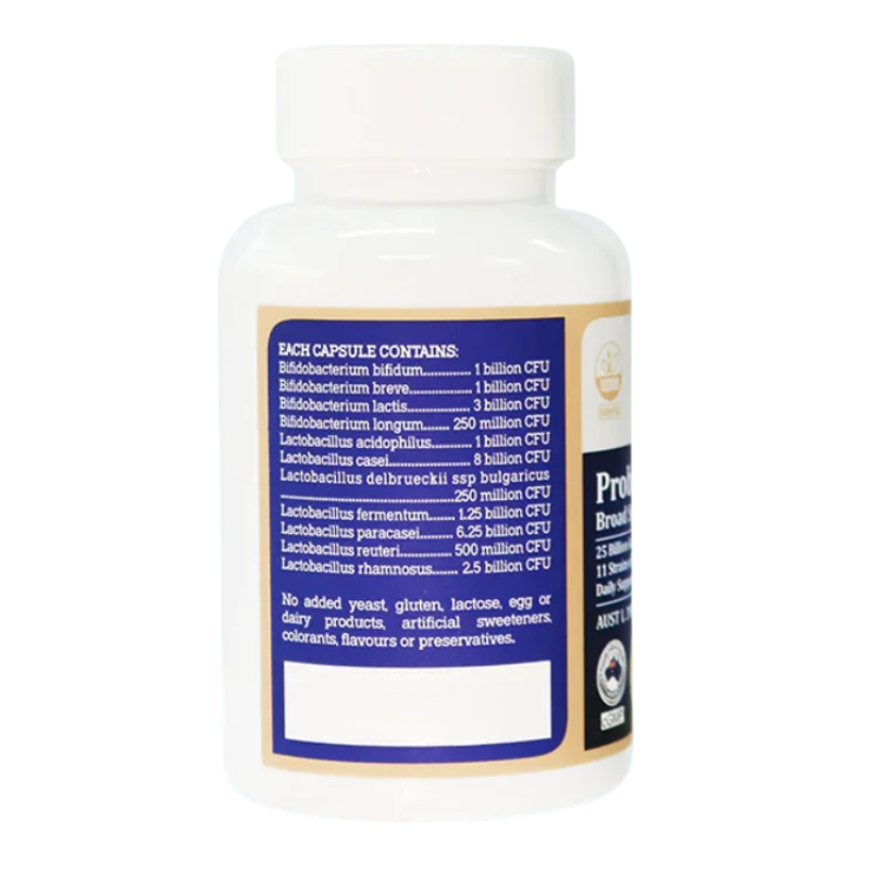 A white plastic bottle of Probiotics Breakthrough supplement with a white cap, featuring a blue and beige label detailing capsule contents and product information.
