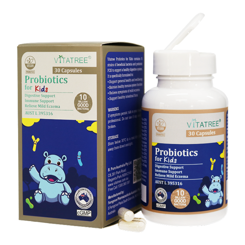 Vitatree Probiotics for Kids supplement packaging, showing a brown and blue cardboard box alongside a white plastic bottle with a white cap and a small white plastic dropper, with two capsules lying in front on a white background.