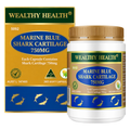 A white plastic bottle and matching gold-and-blue product box for Wealthy Health Marine Blue Shark Cartilage 750mg, shown on a plain white background.