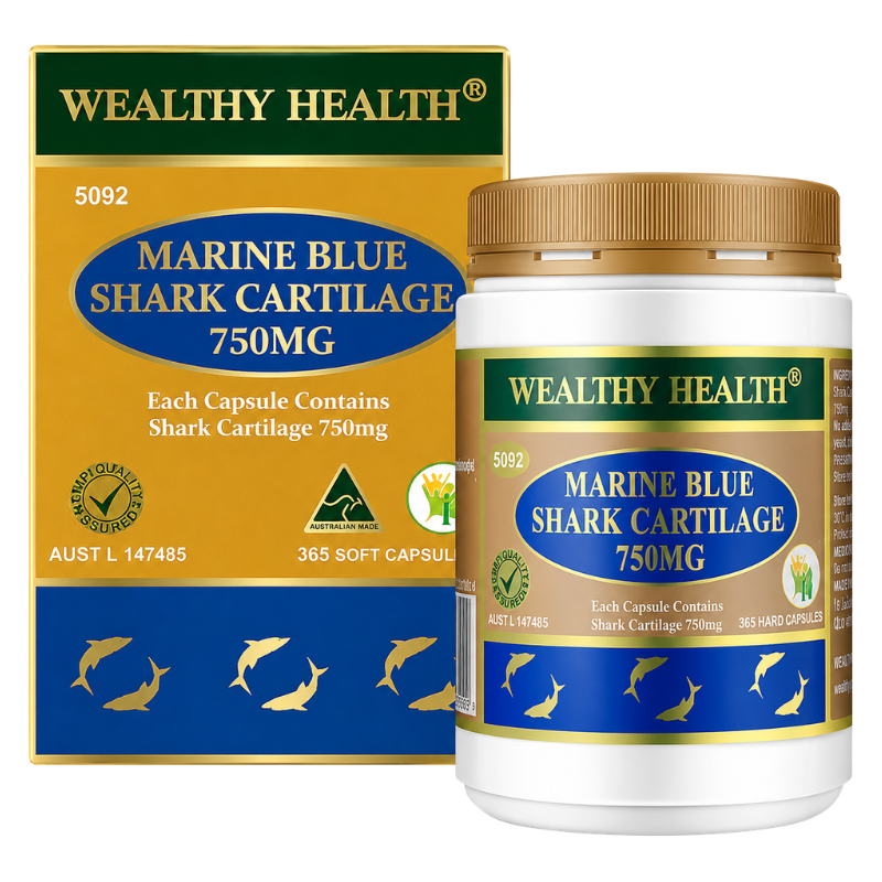 A white plastic bottle and matching gold-and-blue product box for Wealthy Health Marine Blue Shark Cartilage 750mg, shown on a plain white background.