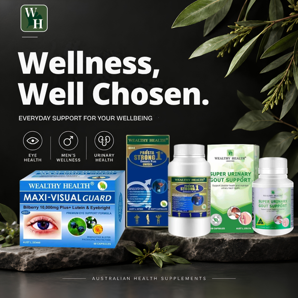 A promotional product lineup for Wealthy Health supplements on a dark background with decorative leaves. Visible products include a blue Maxi-Visual Guard box, a blue formula box, two white supplement bottles, and a green-and-white urinary tract support box.